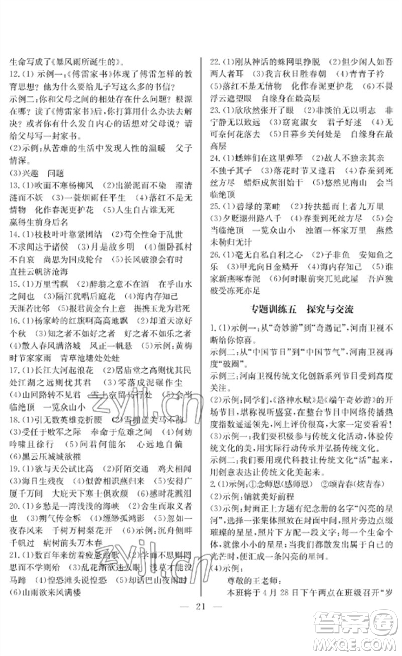 長(zhǎng)江少年兒童出版社2023中考復(fù)習(xí)指南語(yǔ)文通用版襄陽(yáng)專(zhuān)版參考答案