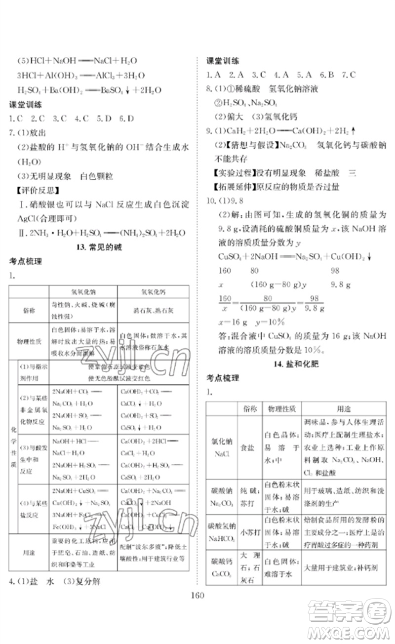 長(zhǎng)江少年兒童出版社2023中考復(fù)習(xí)指南化學(xué)通用版黃石專版參考答案