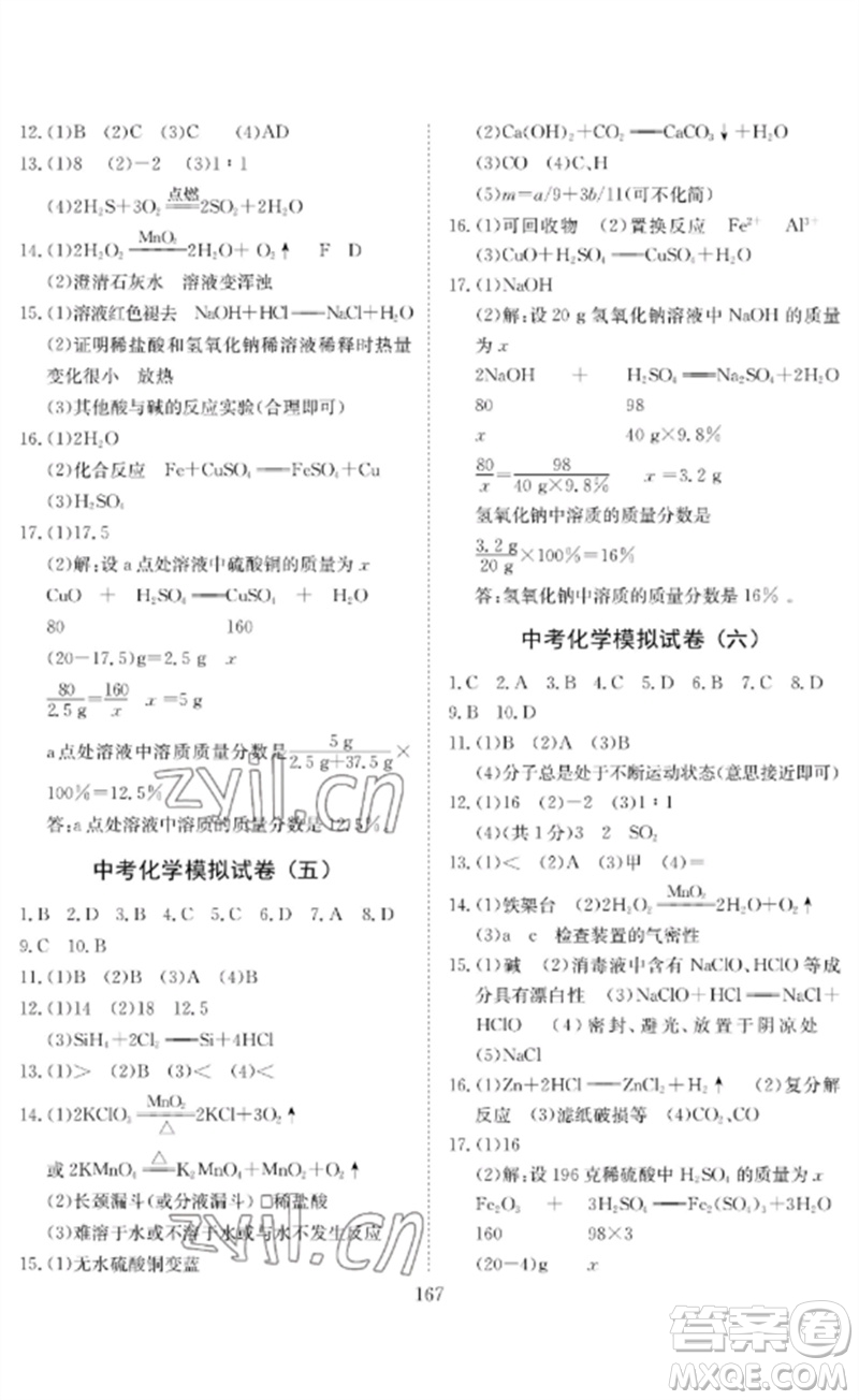 長(zhǎng)江少年兒童出版社2023中考復(fù)習(xí)指南化學(xué)通用版黃石專版參考答案