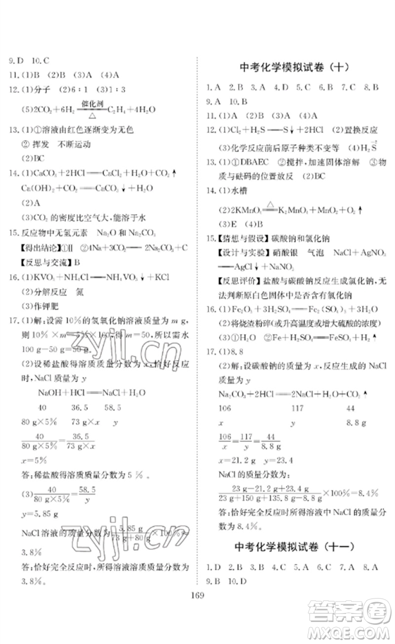 長(zhǎng)江少年兒童出版社2023中考復(fù)習(xí)指南化學(xué)通用版黃石專版參考答案