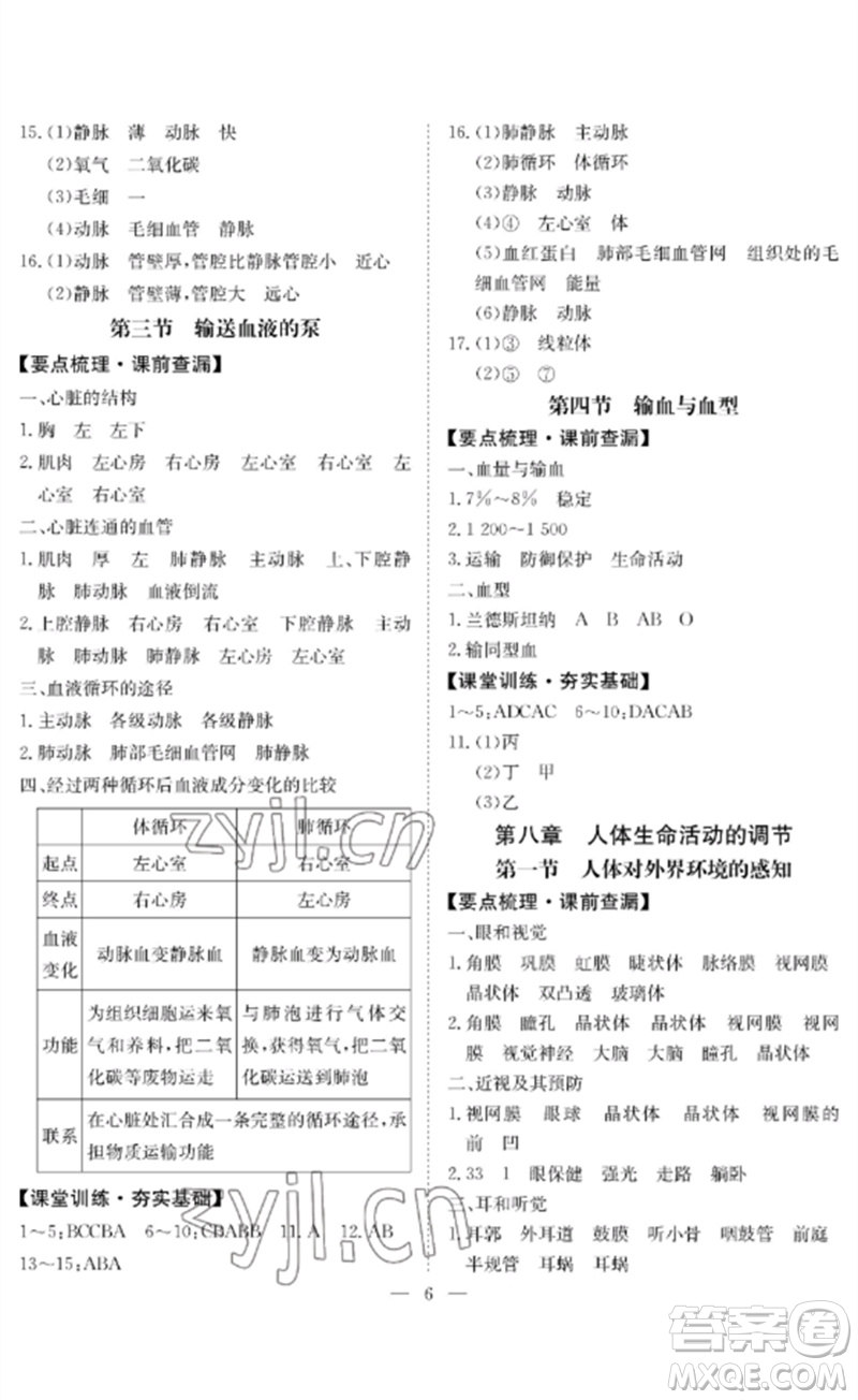 長(zhǎng)江少年兒童出版社2023中考復(fù)習(xí)指南生物通用版黃石專版參考答案