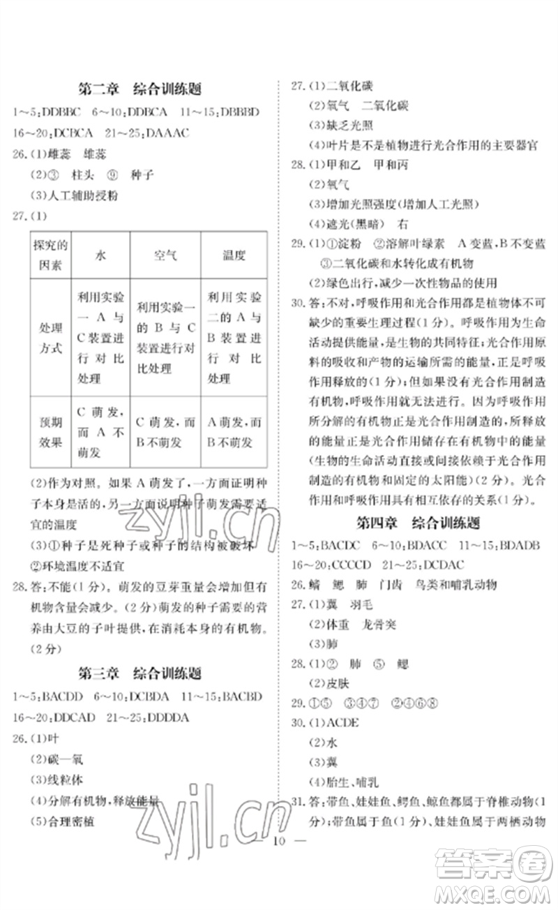 長(zhǎng)江少年兒童出版社2023中考復(fù)習(xí)指南生物通用版黃石專版參考答案