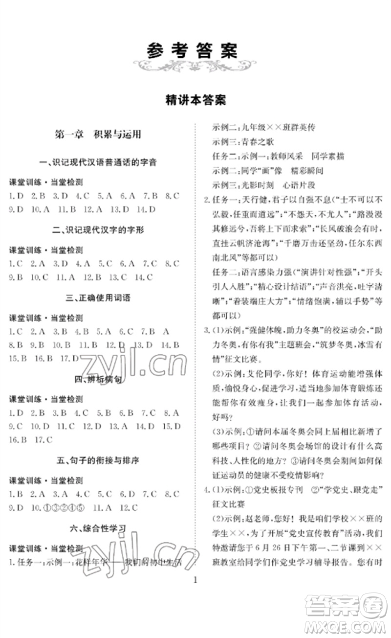 長(zhǎng)江少年兒童出版社2023中考復(fù)習(xí)指南語(yǔ)文通用版黃石專版參考答案
