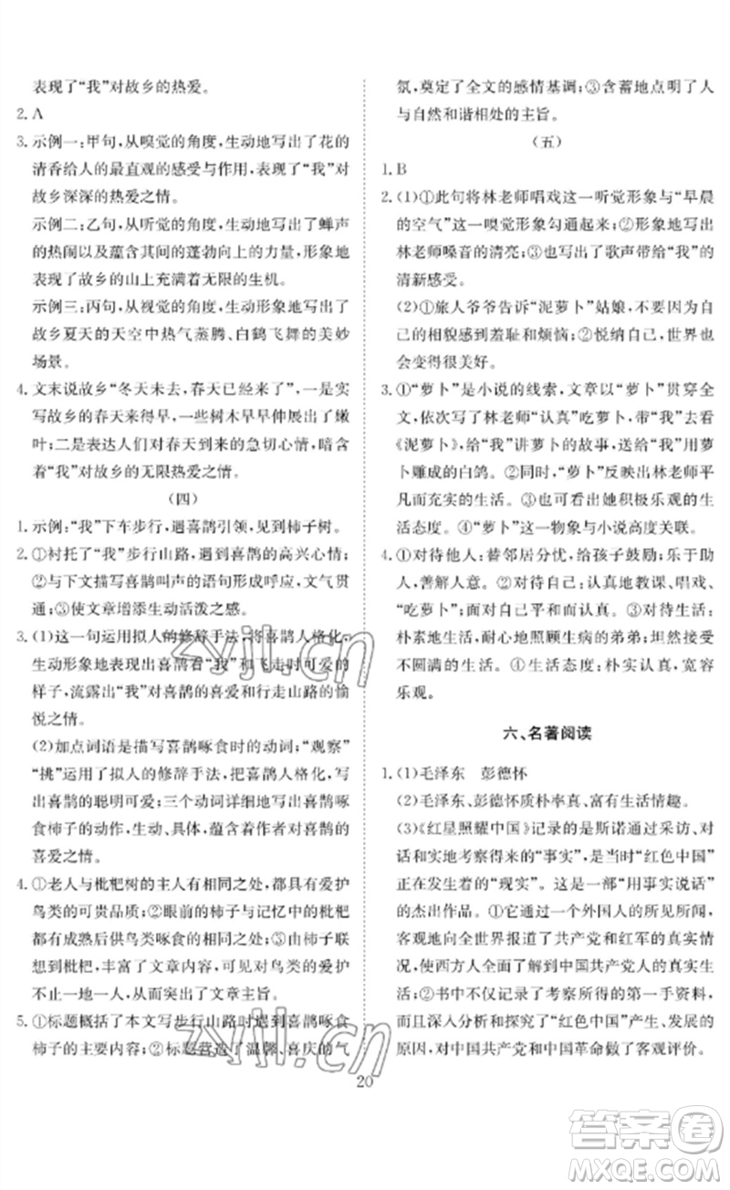 長(zhǎng)江少年兒童出版社2023中考復(fù)習(xí)指南語(yǔ)文通用版黃石專版參考答案
