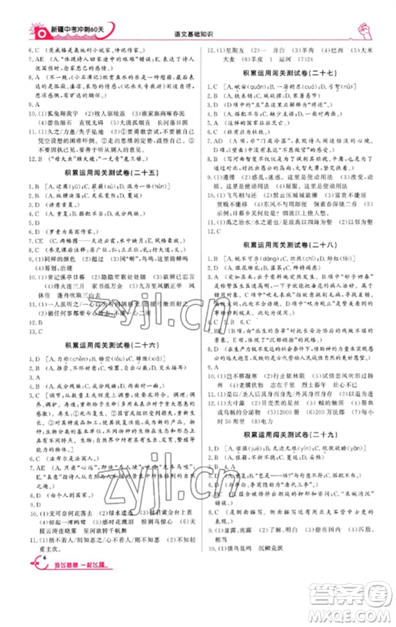新疆文化出版社2023新疆中考沖刺60天九年級(jí)語文基礎(chǔ)知識(shí)通用版參考答案