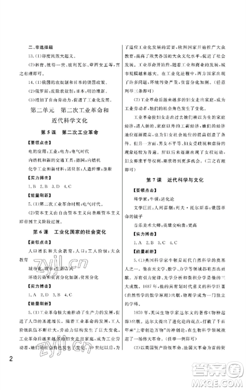 武漢出版社2023智慧學習天天向上課堂作業(yè)九年級歷史下冊人教版參考答案