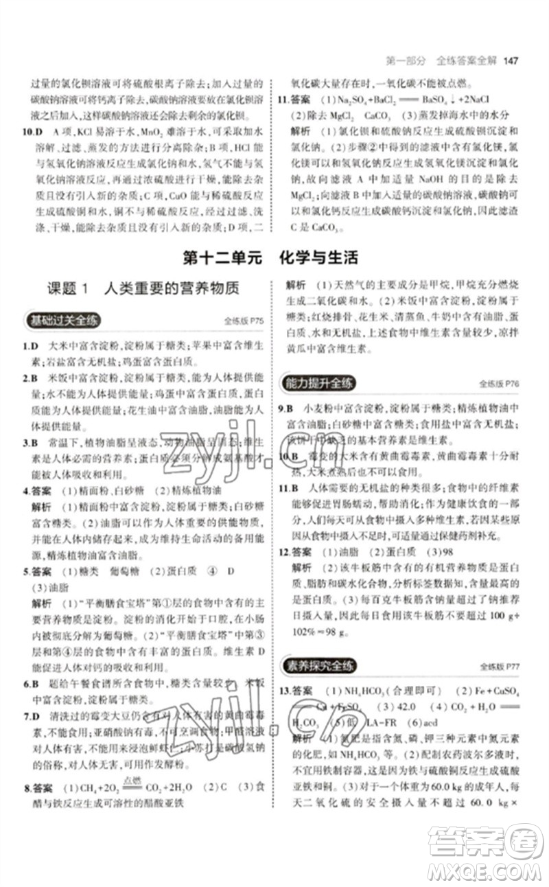教育科學(xué)出版社2023年初中同步5年中考3年模擬九年級化學(xué)下冊人教版參考答案
