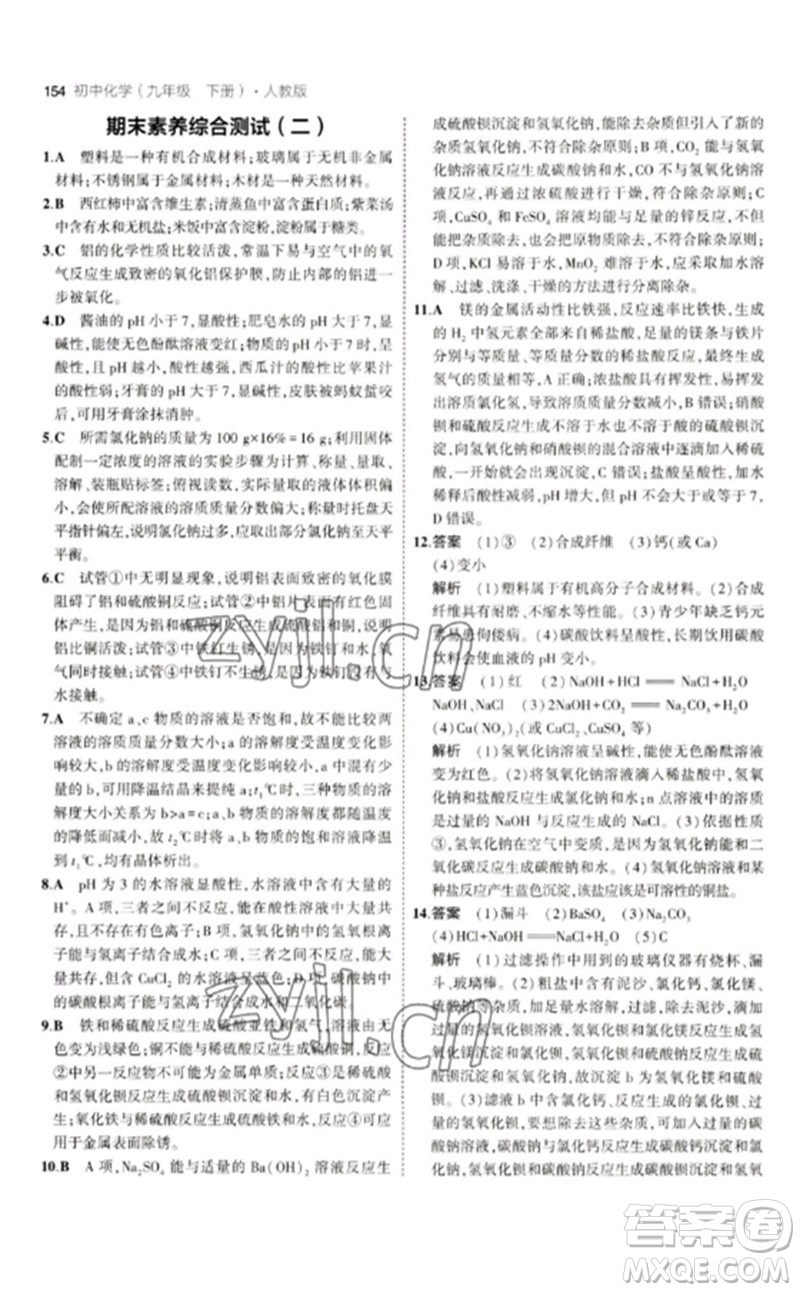 教育科學(xué)出版社2023年初中同步5年中考3年模擬九年級化學(xué)下冊人教版參考答案