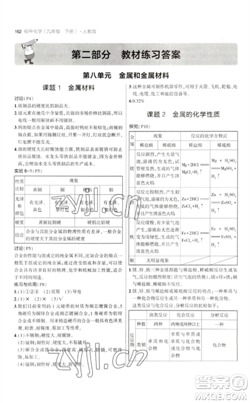 教育科學(xué)出版社2023年初中同步5年中考3年模擬九年級化學(xué)下冊人教版參考答案