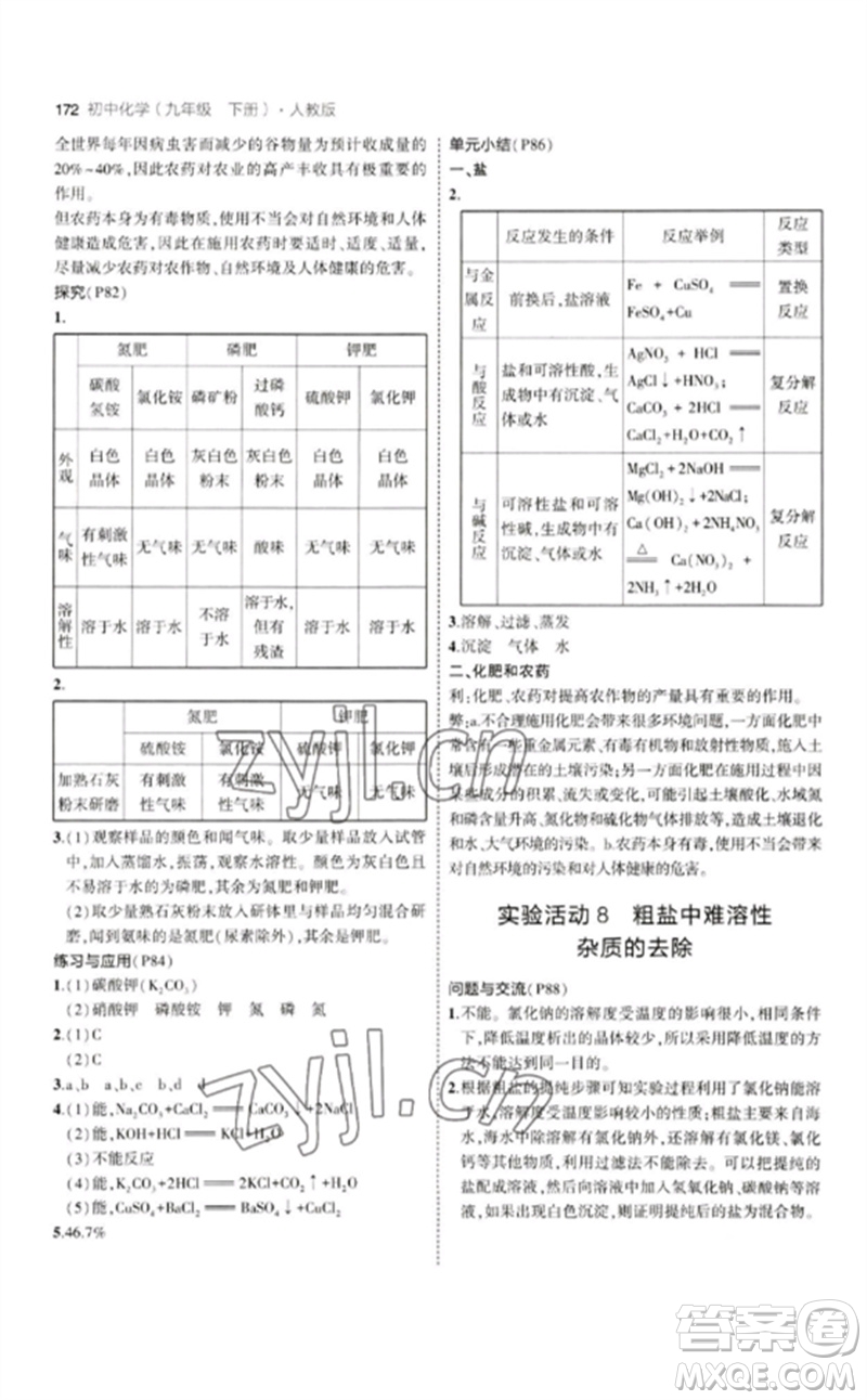 教育科學(xué)出版社2023年初中同步5年中考3年模擬九年級化學(xué)下冊人教版參考答案