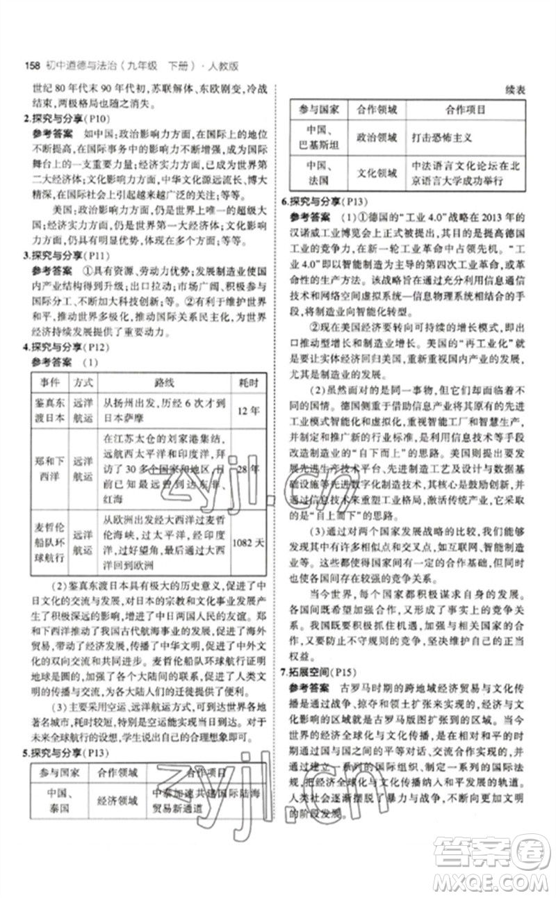首都師范大學(xué)出版社2023年初中同步5年中考3年模擬九年級道德與法治下冊人教版參考答案