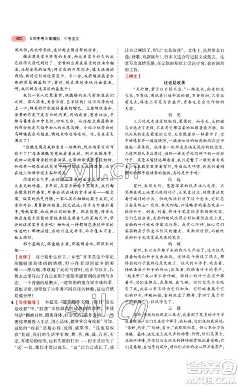 教育科學(xué)出版社2023年5年中考3年模擬九年級語文通用版江蘇專版參考答案