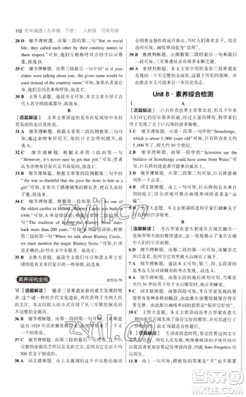 首都師范大學(xué)出版社2023年初中同步5年中考3年模擬九年級英語下冊人教版河南專版參考答案