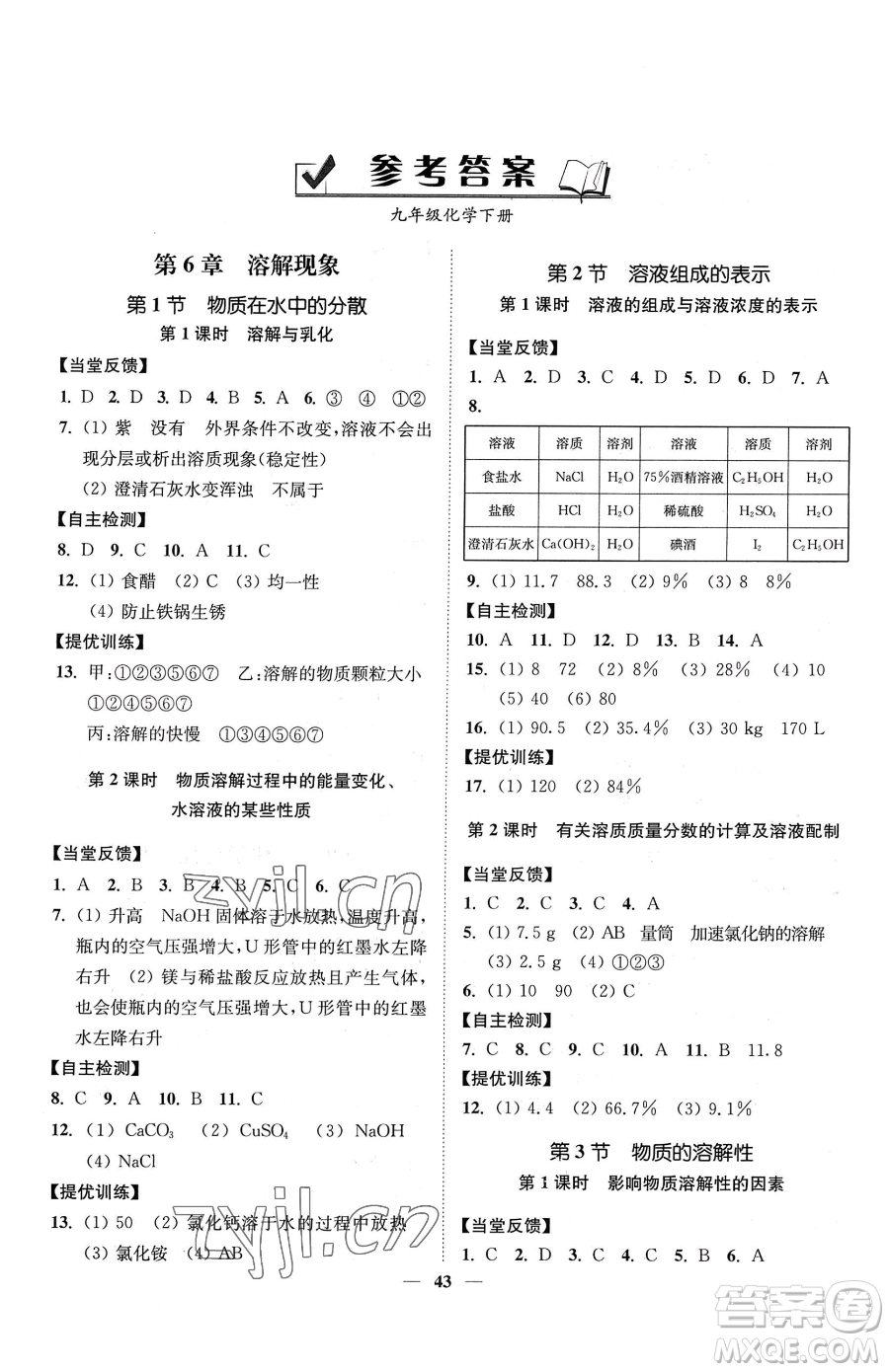 延邊大學(xué)出版社2023南通小題課時(shí)作業(yè)本九年級(jí)下冊(cè)道化學(xué)滬教版參考答案