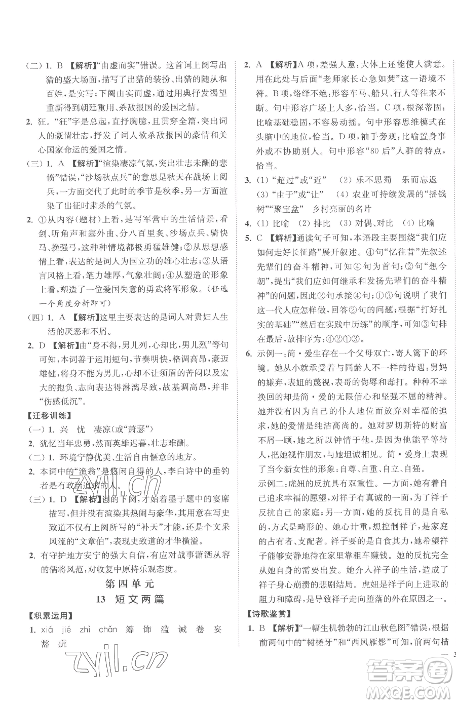 延邊大學(xué)出版社2023南通小題課時(shí)作業(yè)本九年級(jí)下冊(cè)語文人教版參考答案