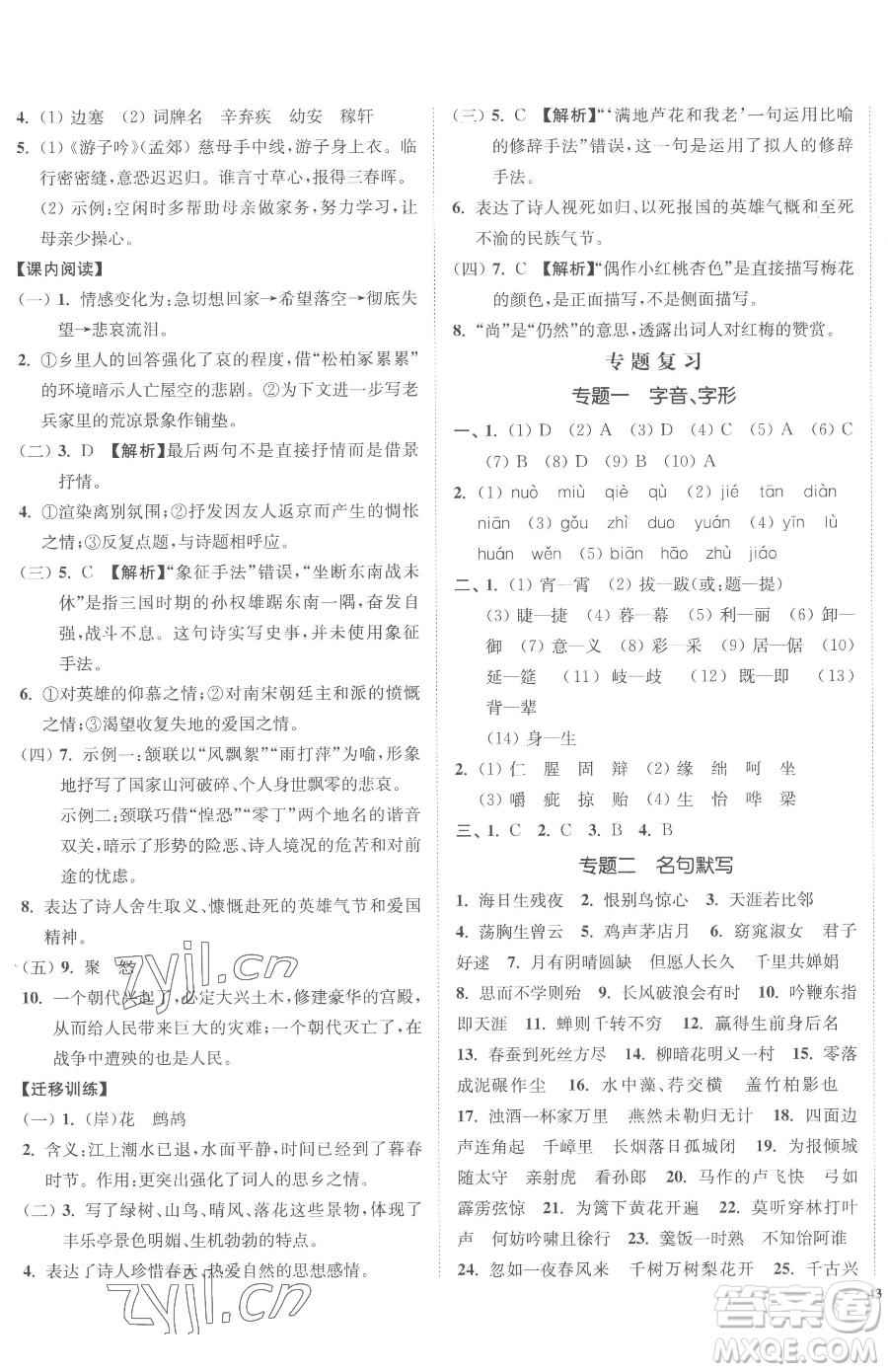 延邊大學(xué)出版社2023南通小題課時(shí)作業(yè)本九年級(jí)下冊(cè)語文人教版參考答案
