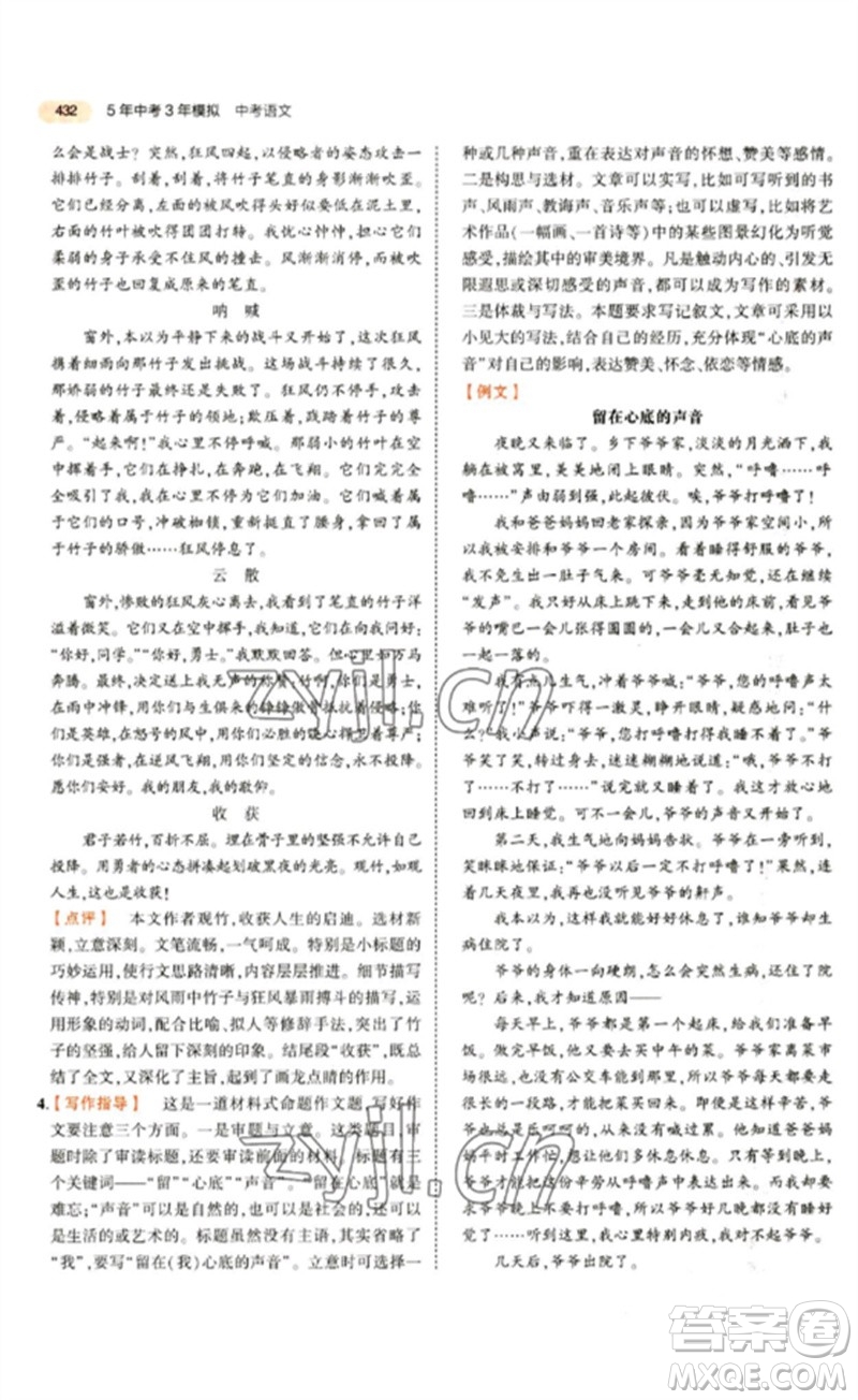 教育科學(xué)出版社2023年5年中考3年模擬九年級語文通用版參考答案