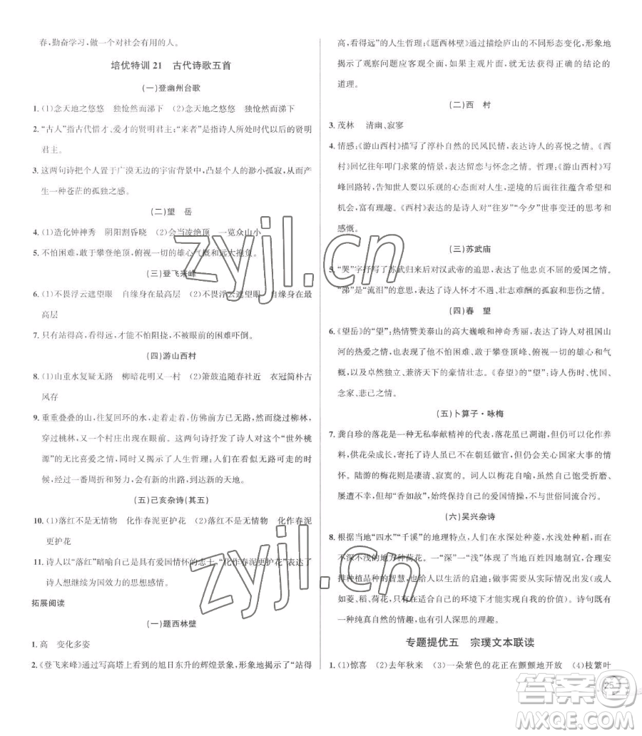 浙江人民出版社2023優(yōu)+攻略七年級(jí)下冊(cè)語(yǔ)文人教版參考答案