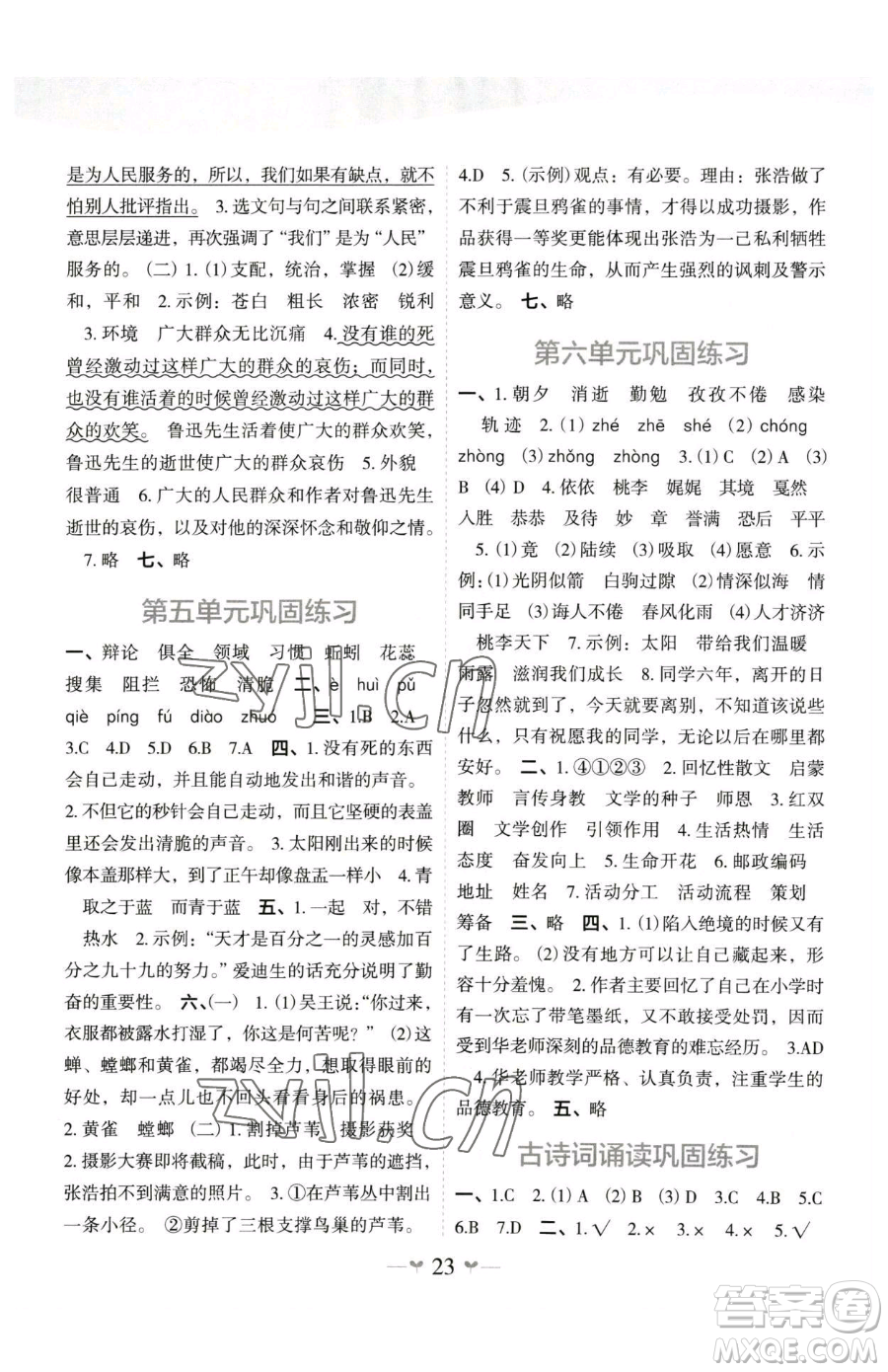 廣西師范大學出版社2023課堂小作業(yè)六年級下冊語文人教版參考答案