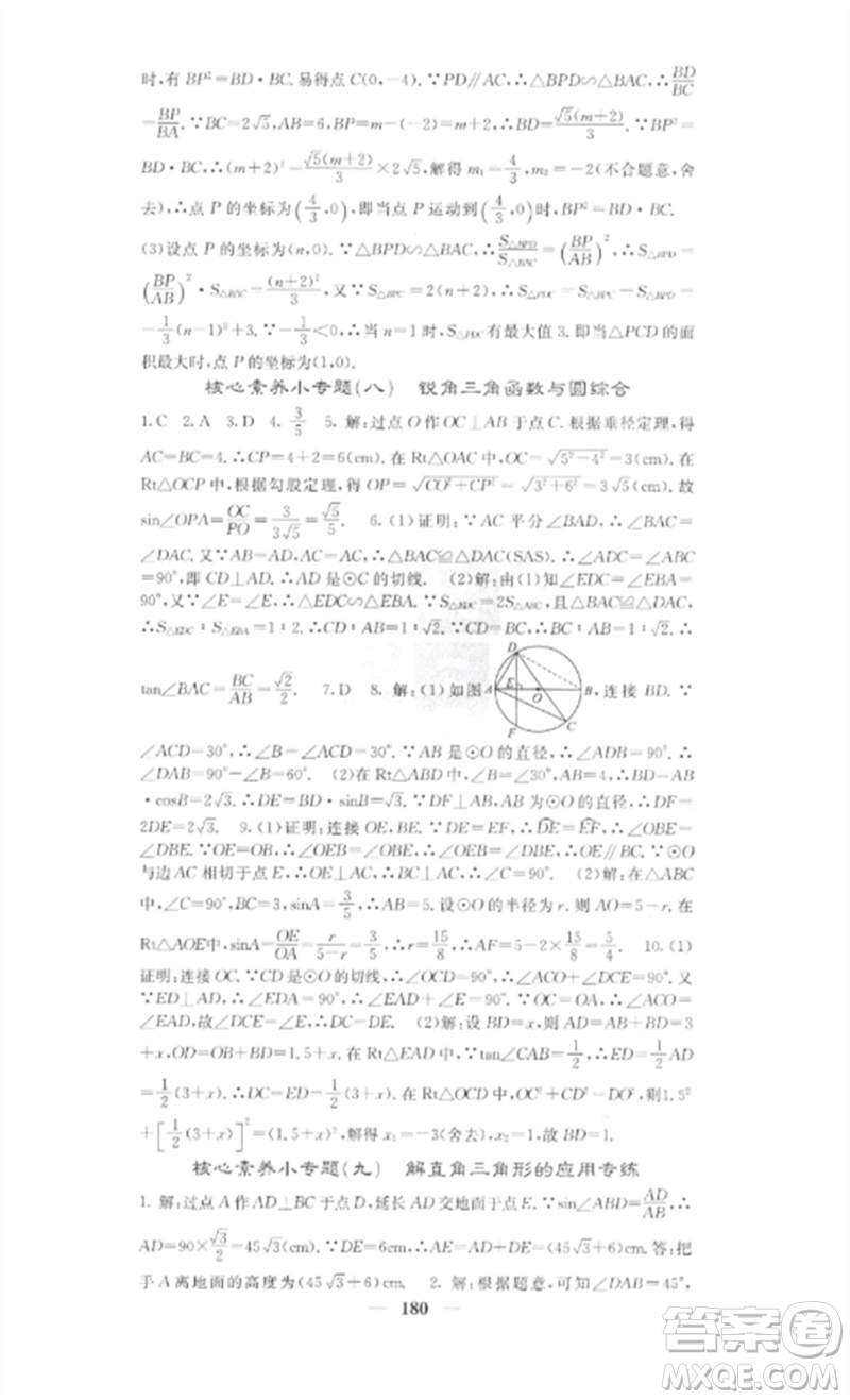四川大學出版社2023課堂點睛九年級數(shù)學下冊人教版安徽專版參考答案