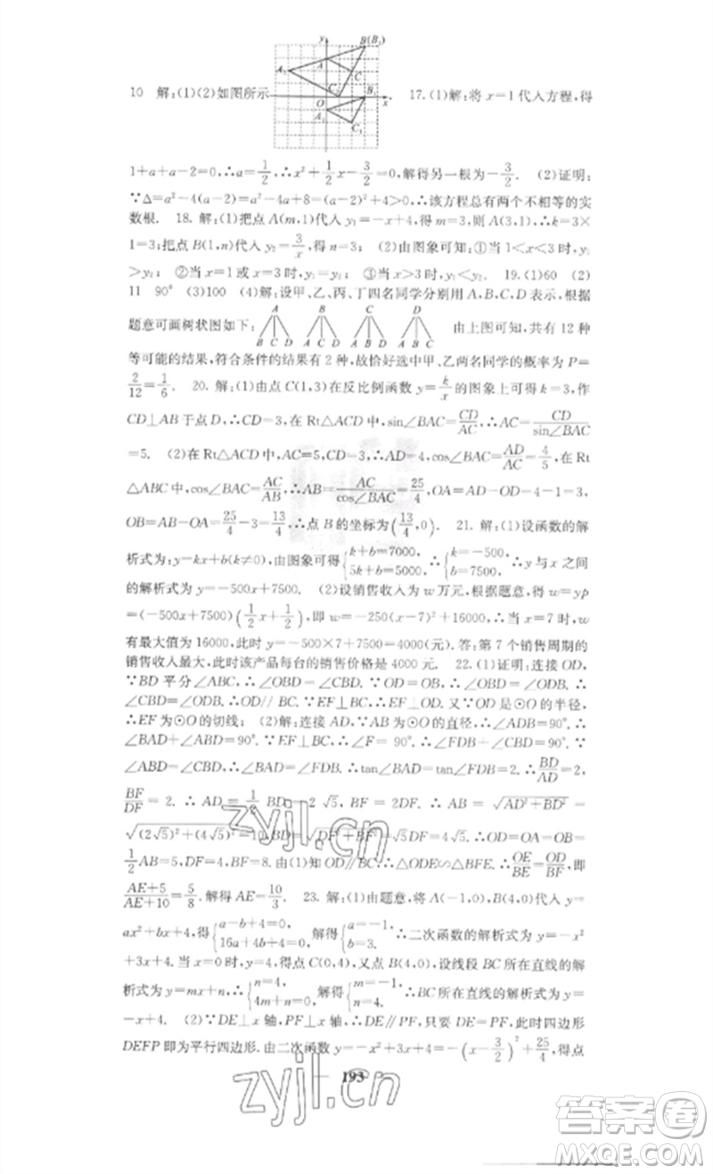 四川大學出版社2023課堂點睛九年級數(shù)學下冊人教版安徽專版參考答案