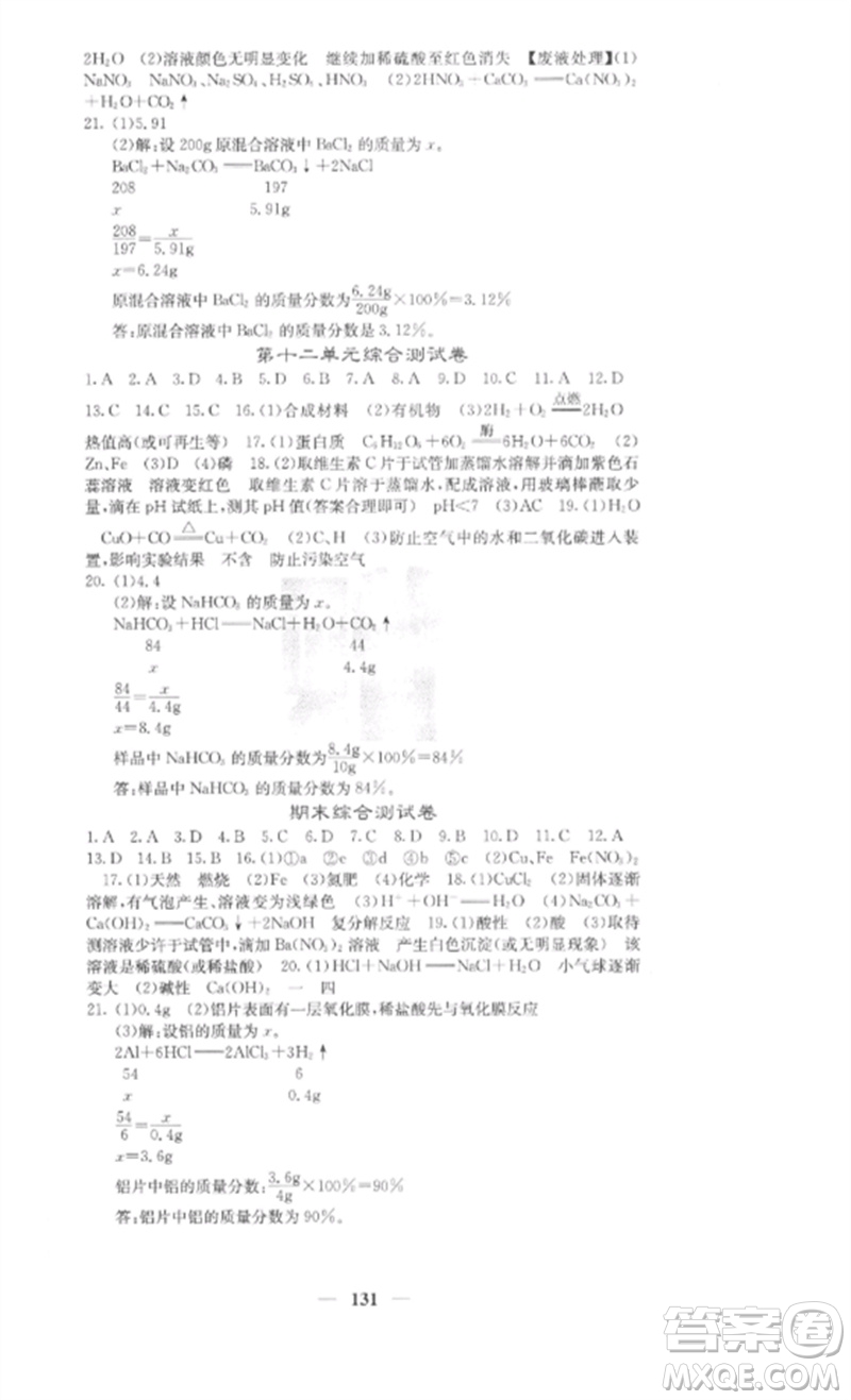 四川大學(xué)出版社2023課堂點(diǎn)睛九年級(jí)化學(xué)下冊(cè)人教版參考答案