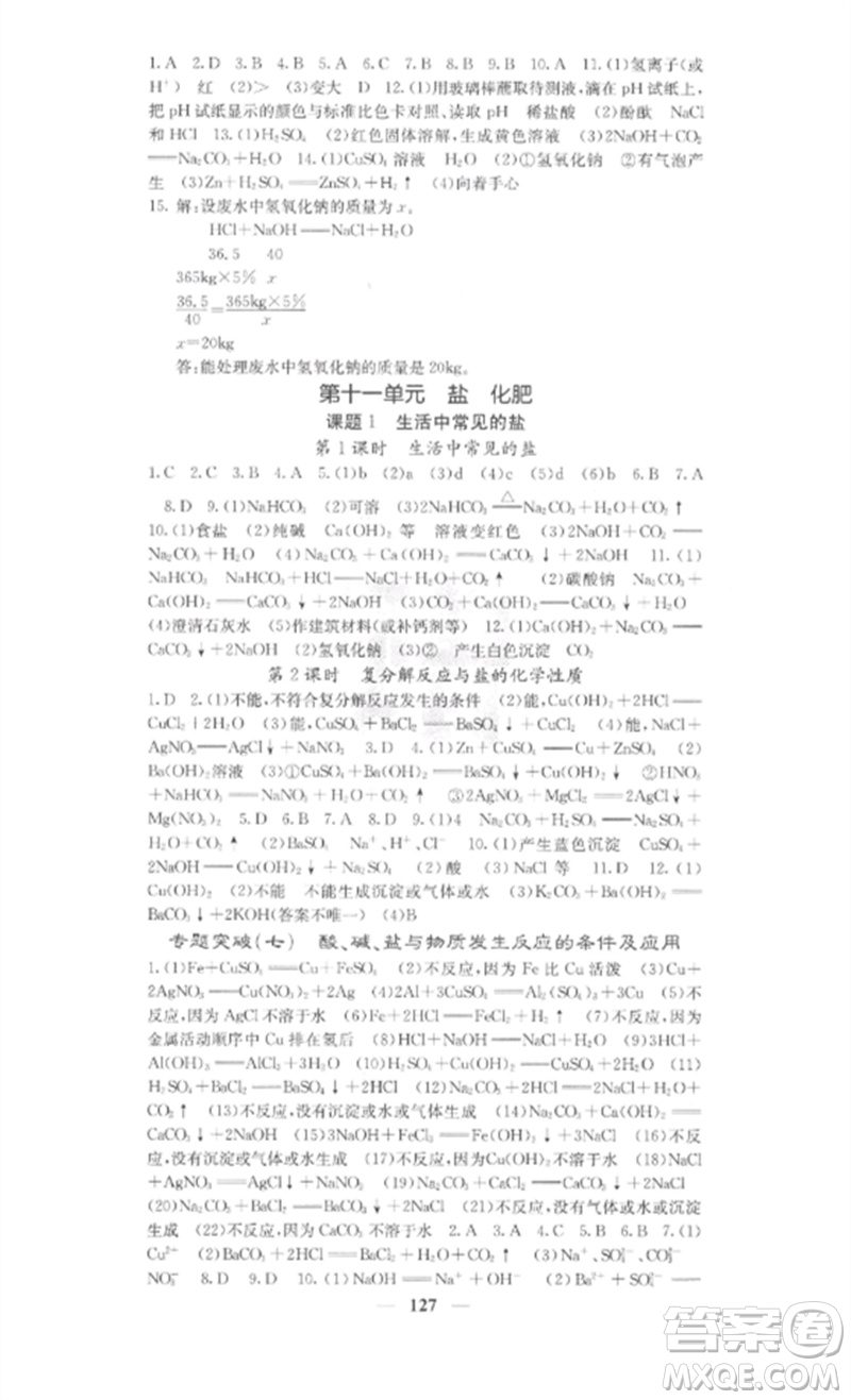 四川大學(xué)出版社2023課堂點(diǎn)睛九年級(jí)化學(xué)下冊(cè)人教版參考答案