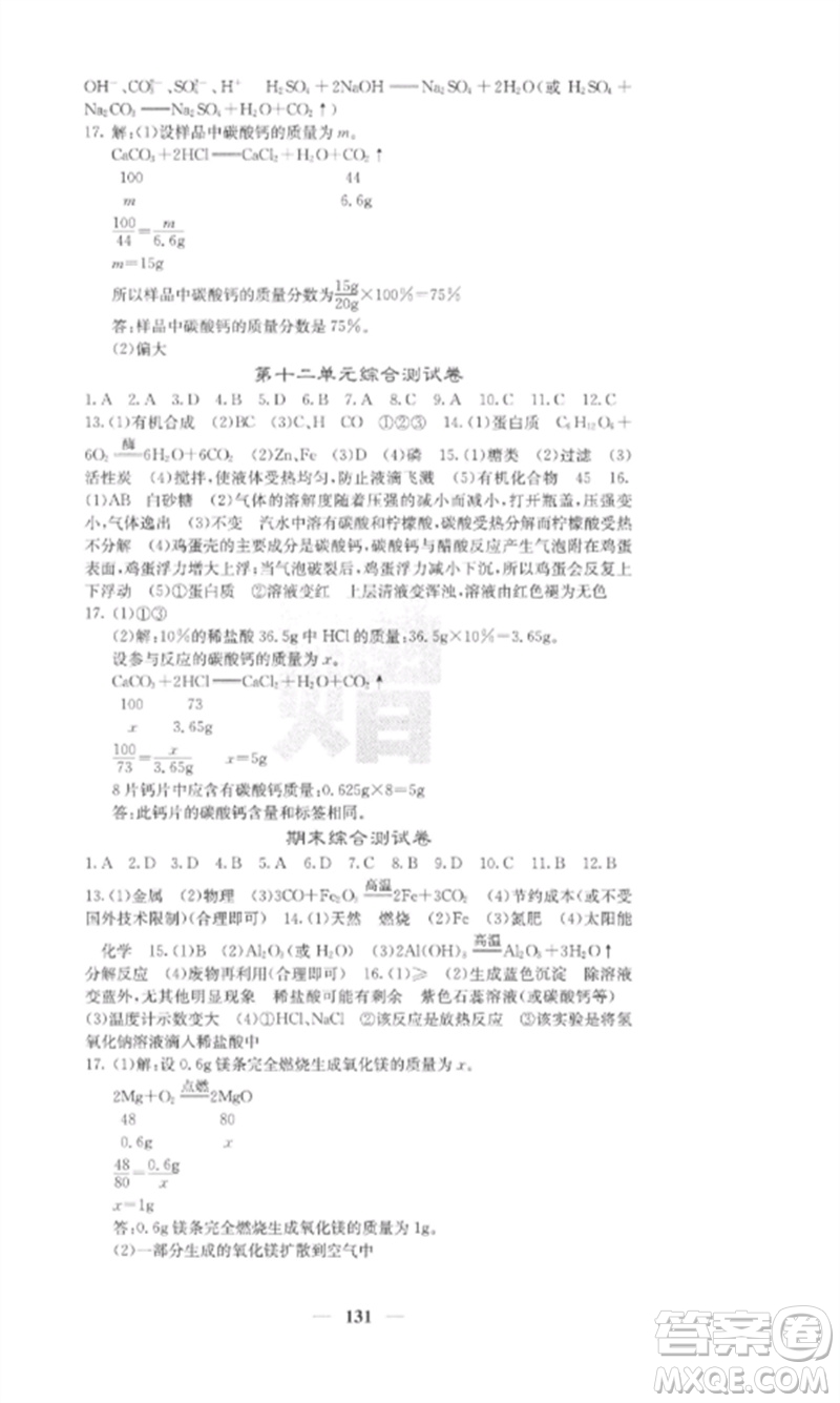 四川大學(xué)出版社2023課堂點(diǎn)睛九年級化學(xué)下冊人教版安徽專版參考答案