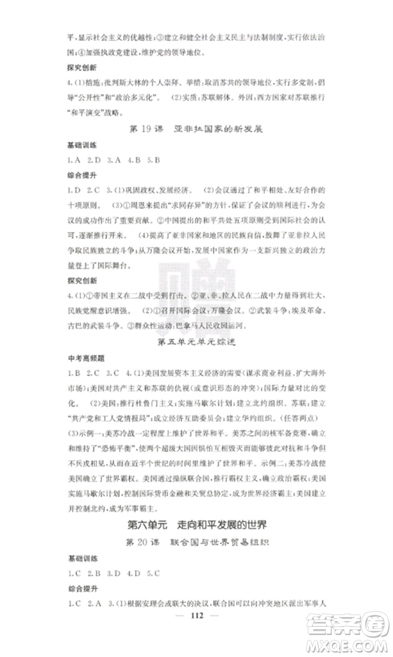 中華地圖學社2023課堂點睛九年級歷史下冊人教版參考答案