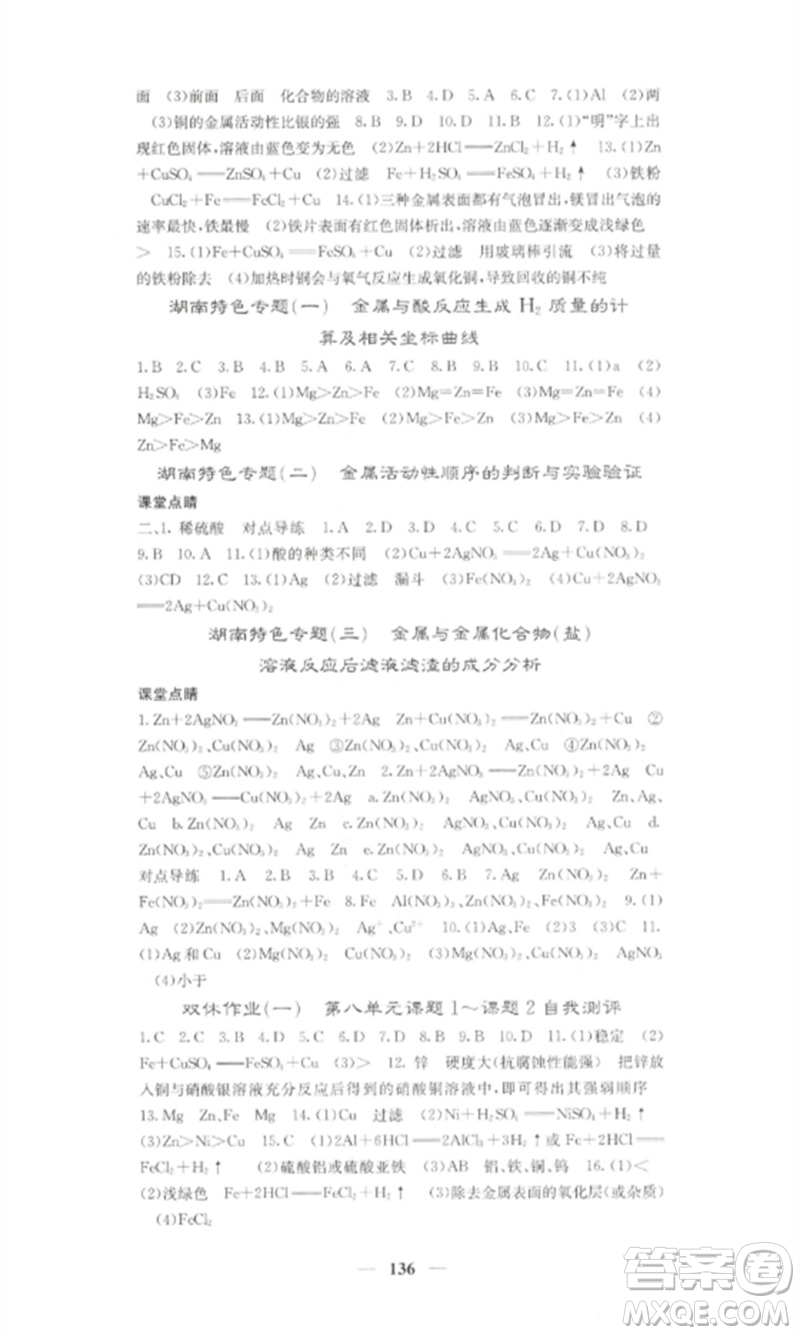 四川大學(xué)出版社2023課堂點(diǎn)睛九年級化學(xué)下冊人教版湖南專版參考答案