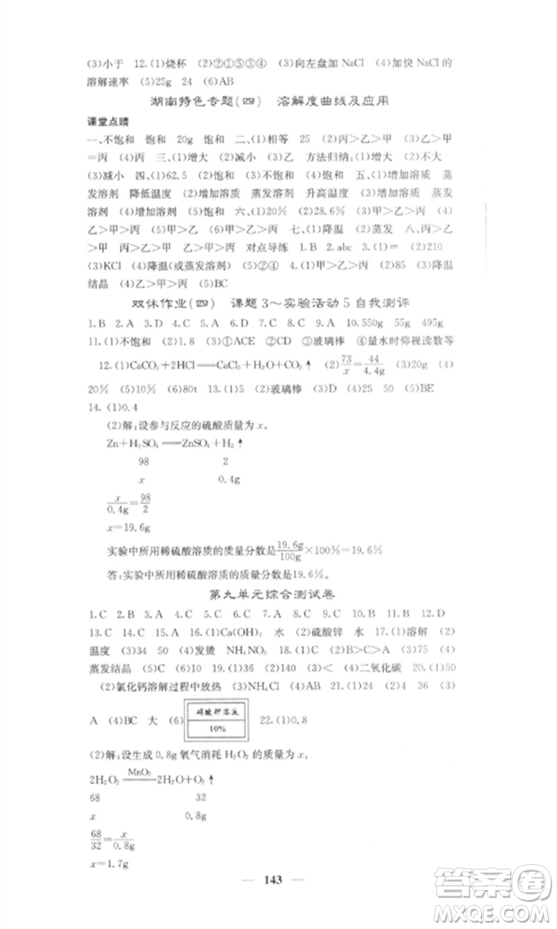 四川大學(xué)出版社2023課堂點(diǎn)睛九年級化學(xué)下冊人教版湖南專版參考答案