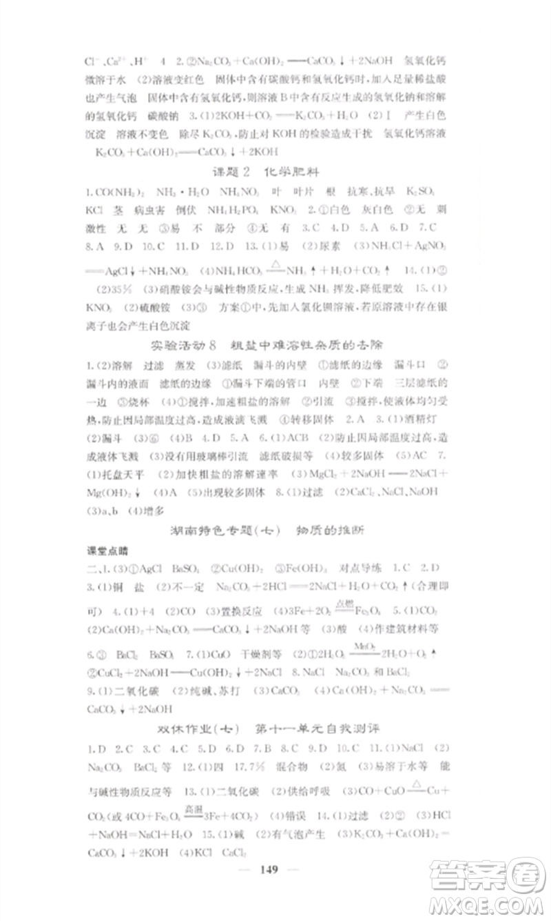四川大學(xué)出版社2023課堂點(diǎn)睛九年級化學(xué)下冊人教版湖南專版參考答案