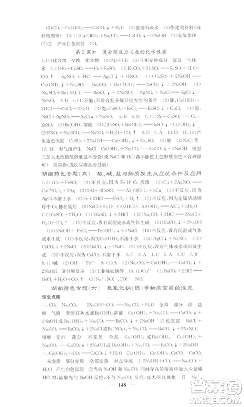 四川大學(xué)出版社2023課堂點(diǎn)睛九年級化學(xué)下冊人教版湖南專版參考答案