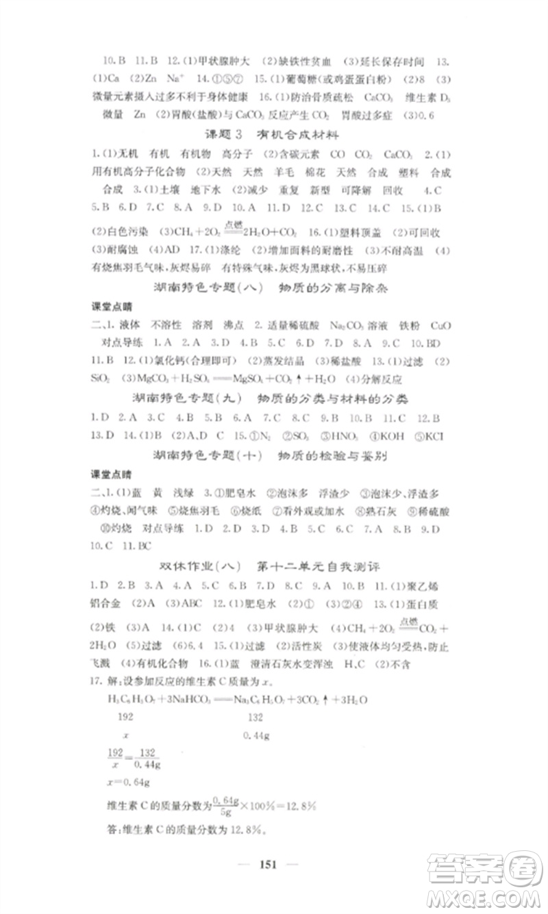 四川大學(xué)出版社2023課堂點(diǎn)睛九年級化學(xué)下冊人教版湖南專版參考答案