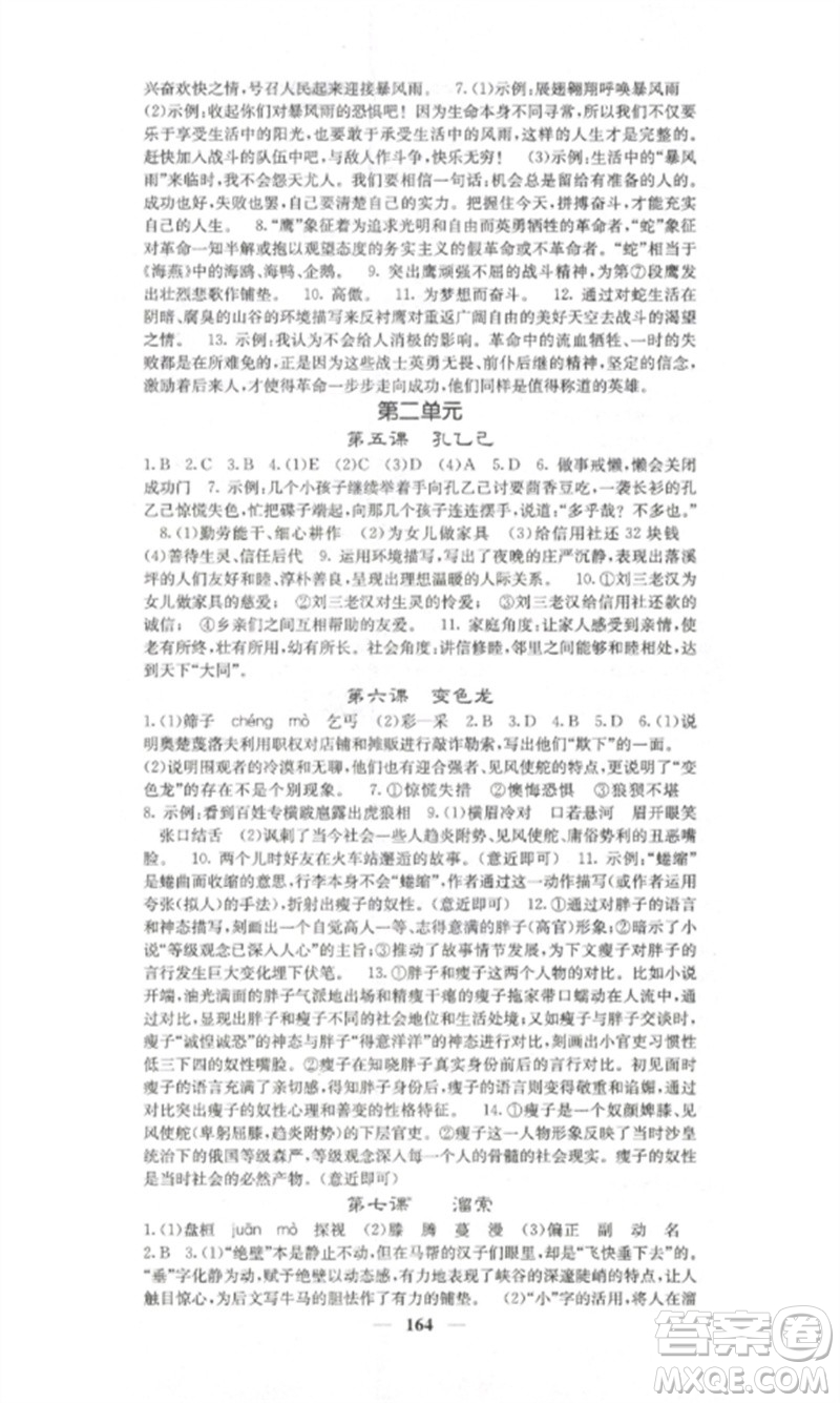 四川大學(xué)出版社2023課堂點(diǎn)睛九年級(jí)語(yǔ)文下冊(cè)人教版湖南專版參考答案