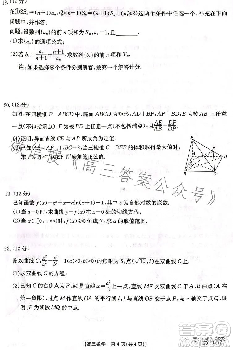 2023年金太陽高三4月聯(lián)考23401C數(shù)學試卷答案