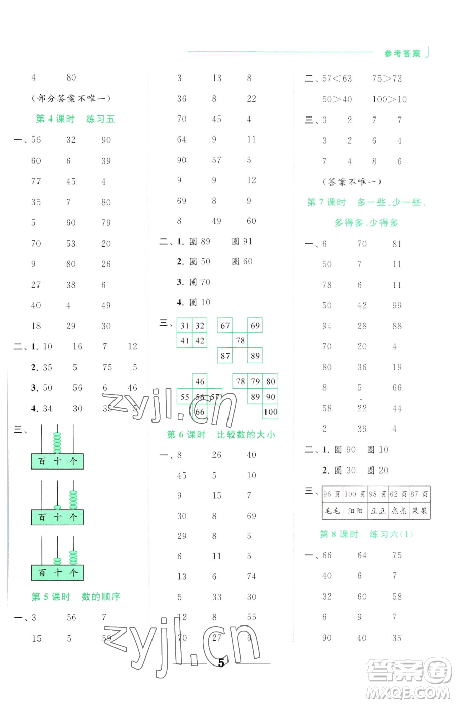 北京教育出版社2023亮點(diǎn)給力計(jì)算天天練一年級(jí)下冊(cè)數(shù)學(xué)江蘇版參考答案