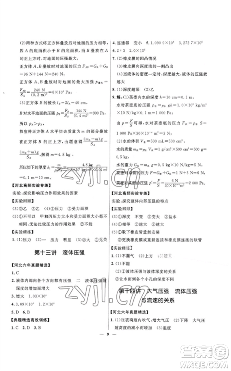 河北少年兒童出版社2023奪冠百分百中考沖刺九年級物理精練冊通用版河北專版參考答案