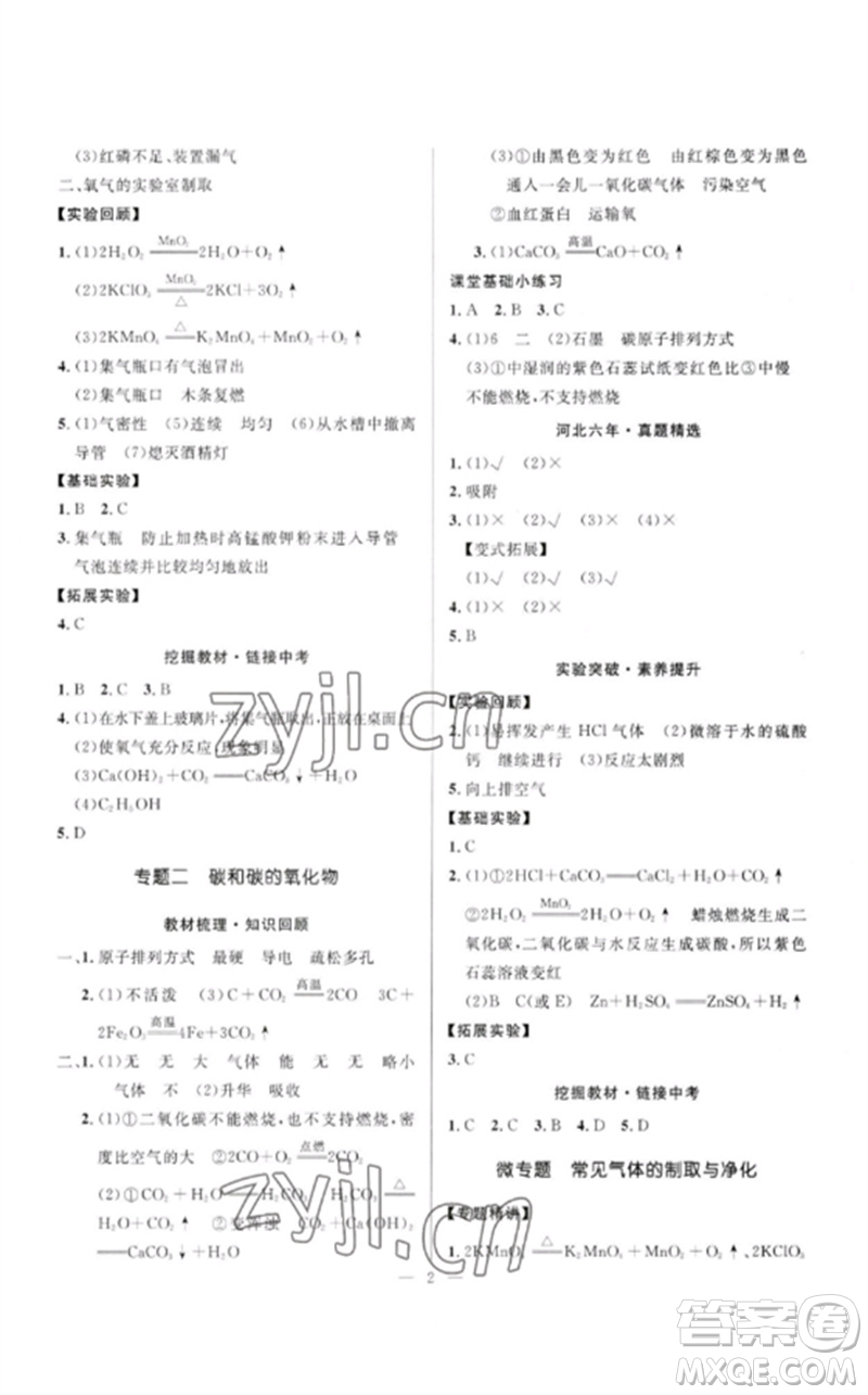 河北少年兒童出版社2023奪冠百分百中考沖刺九年級(jí)化學(xué)精講冊(cè)通用版河北專版參考答案