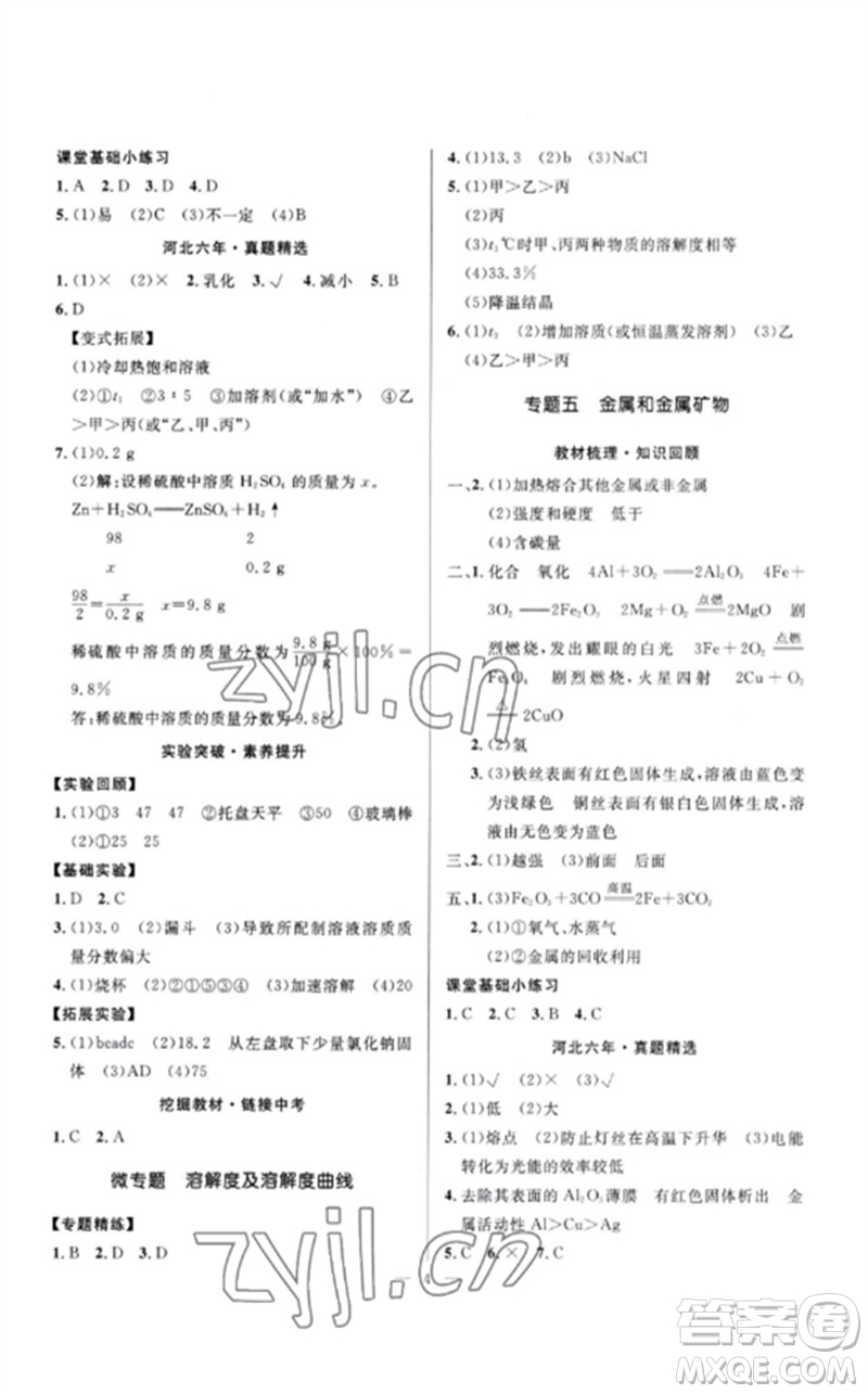 河北少年兒童出版社2023奪冠百分百中考沖刺九年級(jí)化學(xué)精講冊(cè)通用版河北專版參考答案