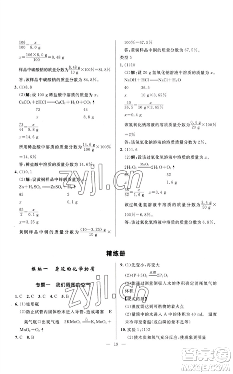 河北少年兒童出版社2023奪冠百分百中考沖刺九年級(jí)化學(xué)精講冊(cè)通用版河北專版參考答案