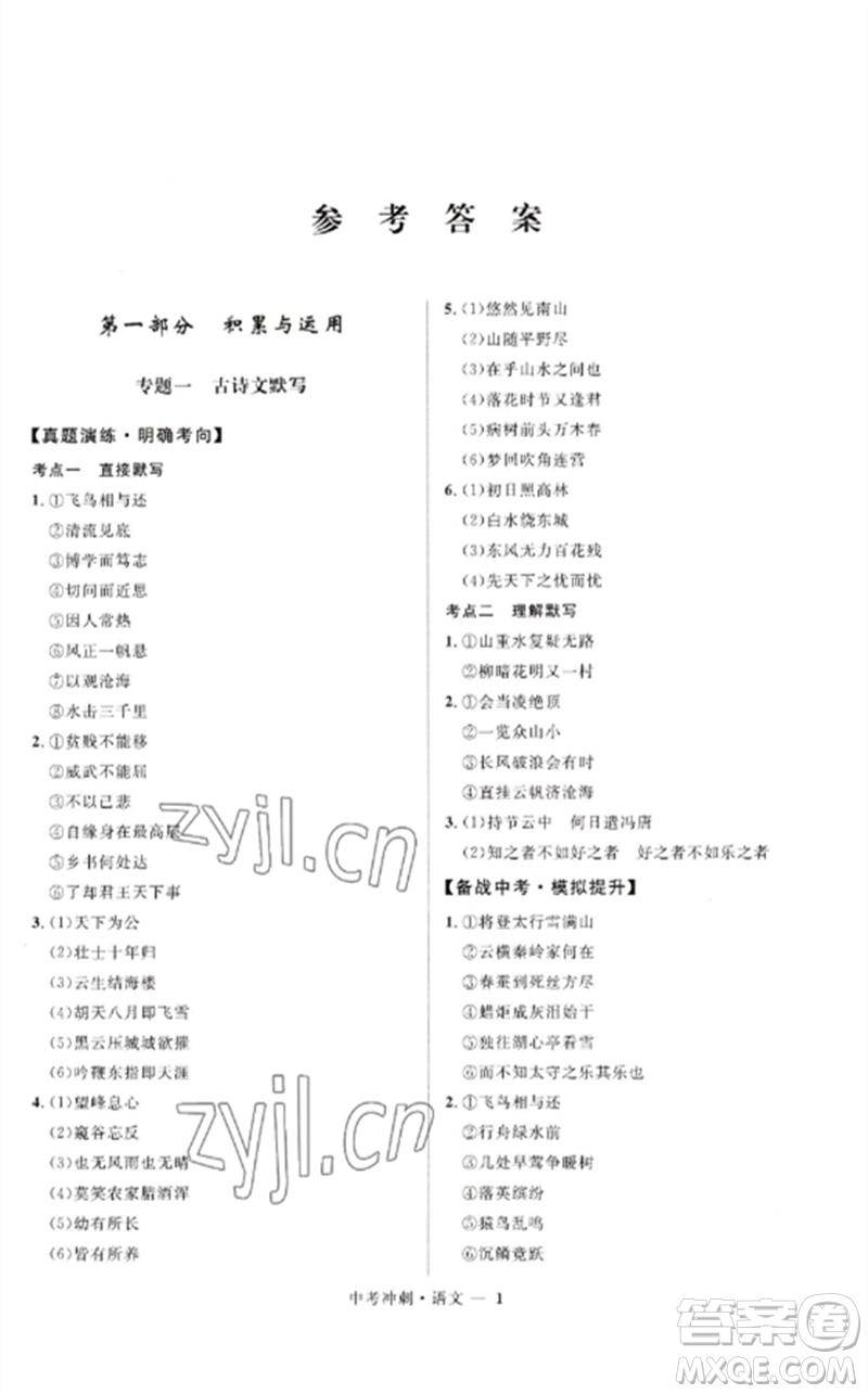 河北少年兒童出版社2023奪冠百分百中考沖刺九年級(jí)語(yǔ)文通用版福建專(zhuān)版參考答案