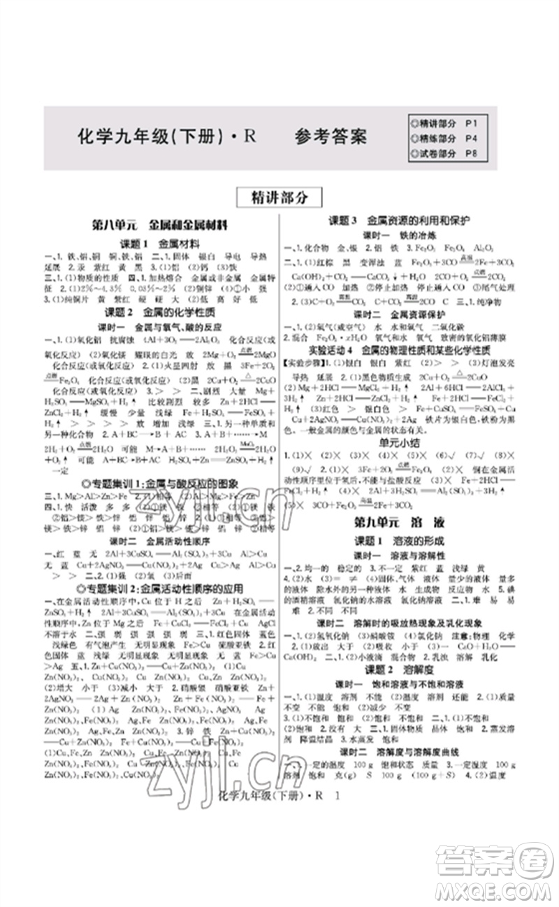 世界圖書出版公司2023高分突破課時(shí)達(dá)標(biāo)講練測九年級化學(xué)下冊人教版參考答案
