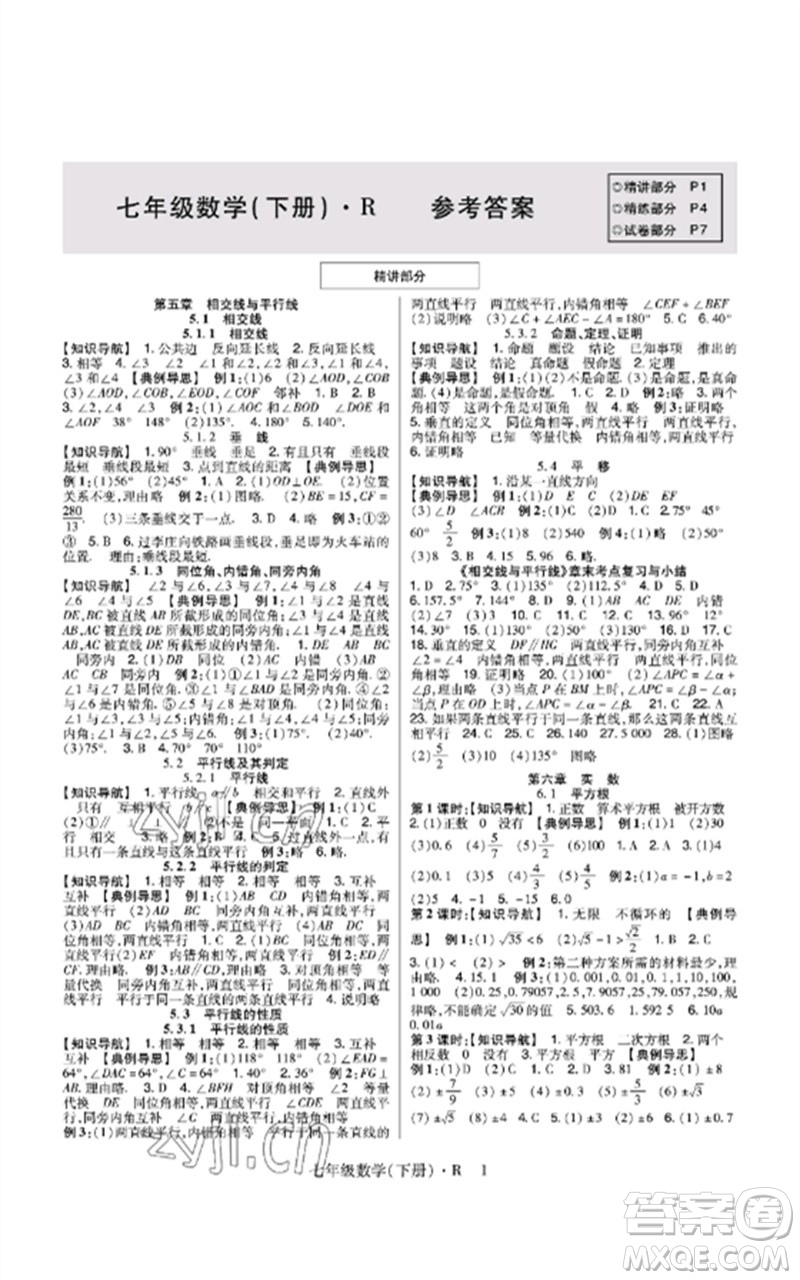 世界圖書出版公司2023高分突破課時達標講練測七年級數(shù)學下冊人教版參考答案