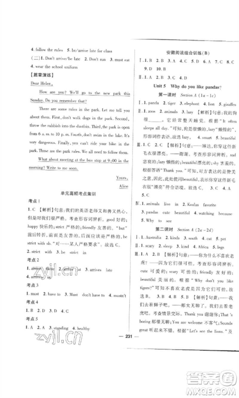 陽光出版社2023精英新課堂七年級英語下冊人教版安徽專版參考答案