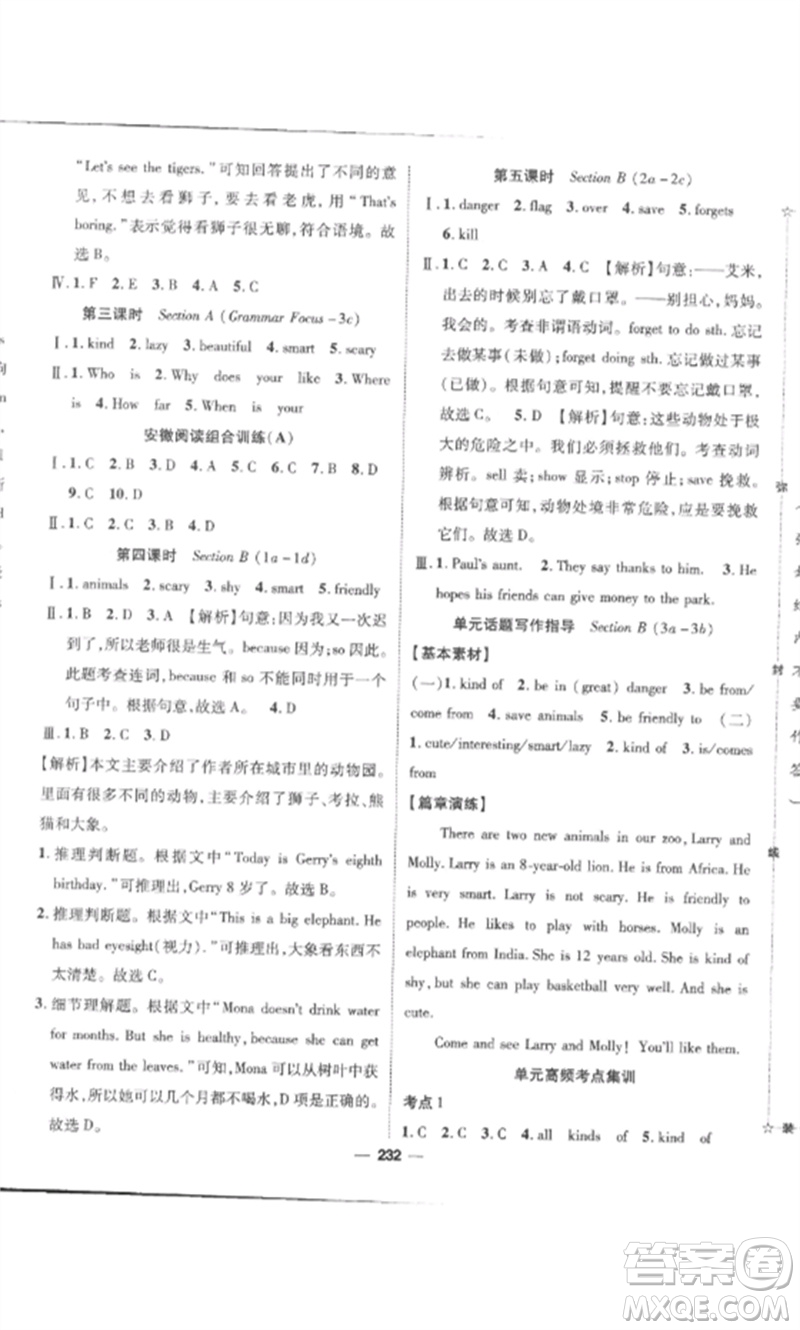 陽光出版社2023精英新課堂七年級英語下冊人教版安徽專版參考答案
