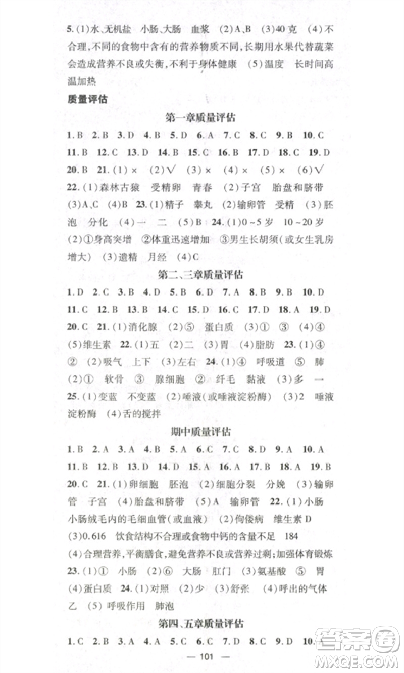 江西教育出版社2023精英新課堂三點(diǎn)分層作業(yè)七年級生物下冊人教版參考答案
