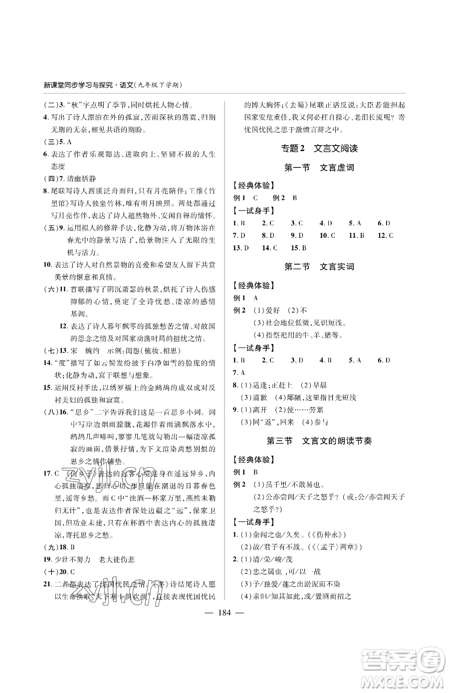 青島出版社2023新課堂同步學(xué)習(xí)與探究九年級(jí)下冊語文人教版金鄉(xiāng)專版參考答案