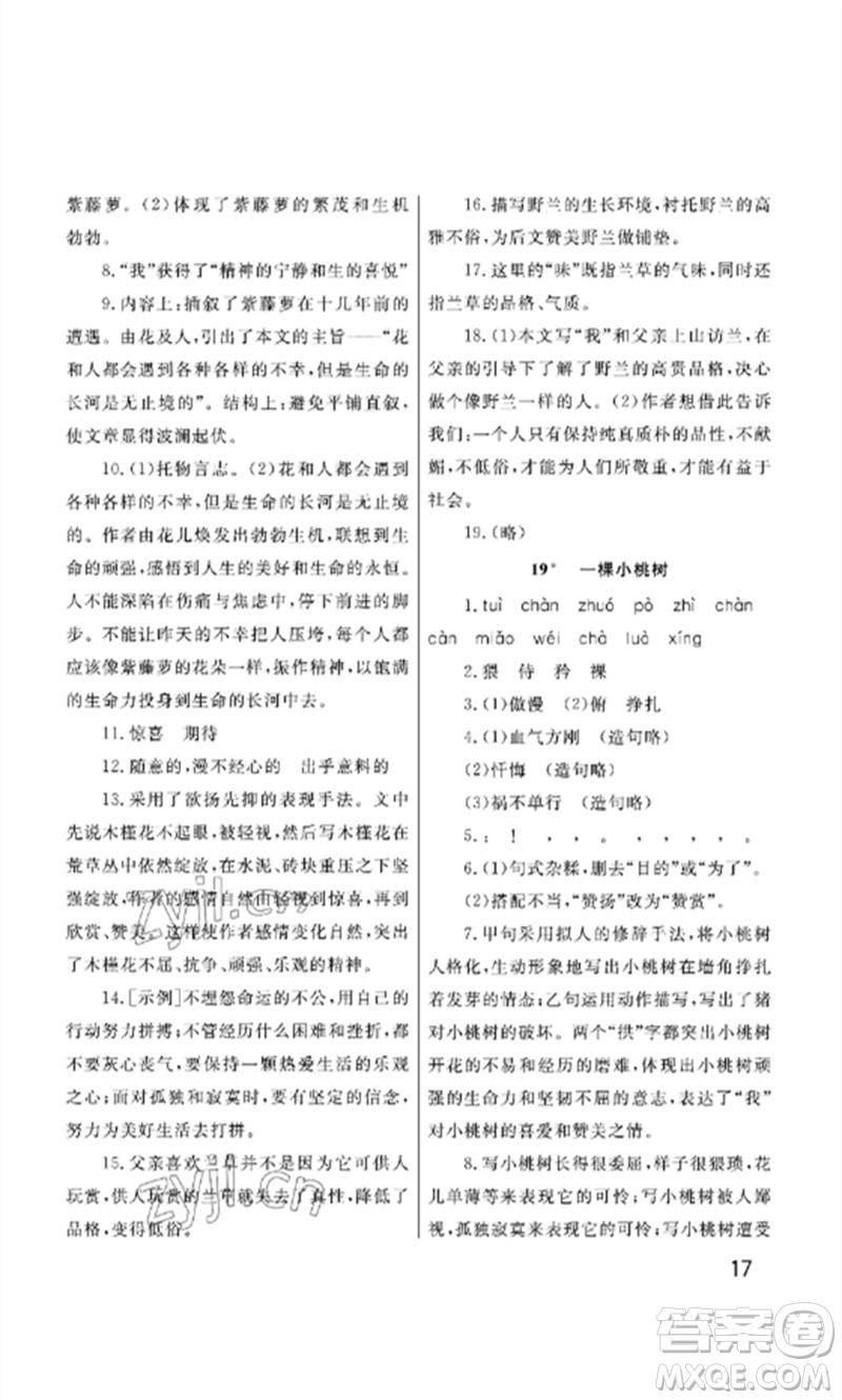 武漢出版社2023智慧學(xué)習(xí)天天向上課堂作業(yè)七年級語文下冊人教版參考答案
