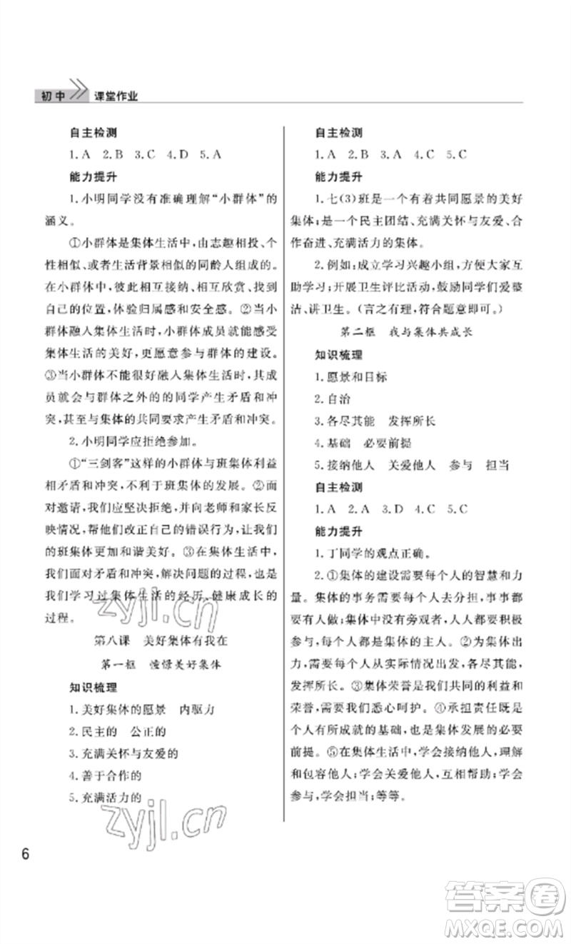 武漢出版社2023智慧學習天天向上課堂作業(yè)七年級道德與法治下冊人教版參考答案